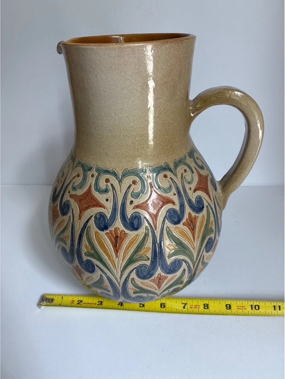 Vintage 12” Hand Painted Art Pottery Jug Majolica Style Floral Pitcher Signed